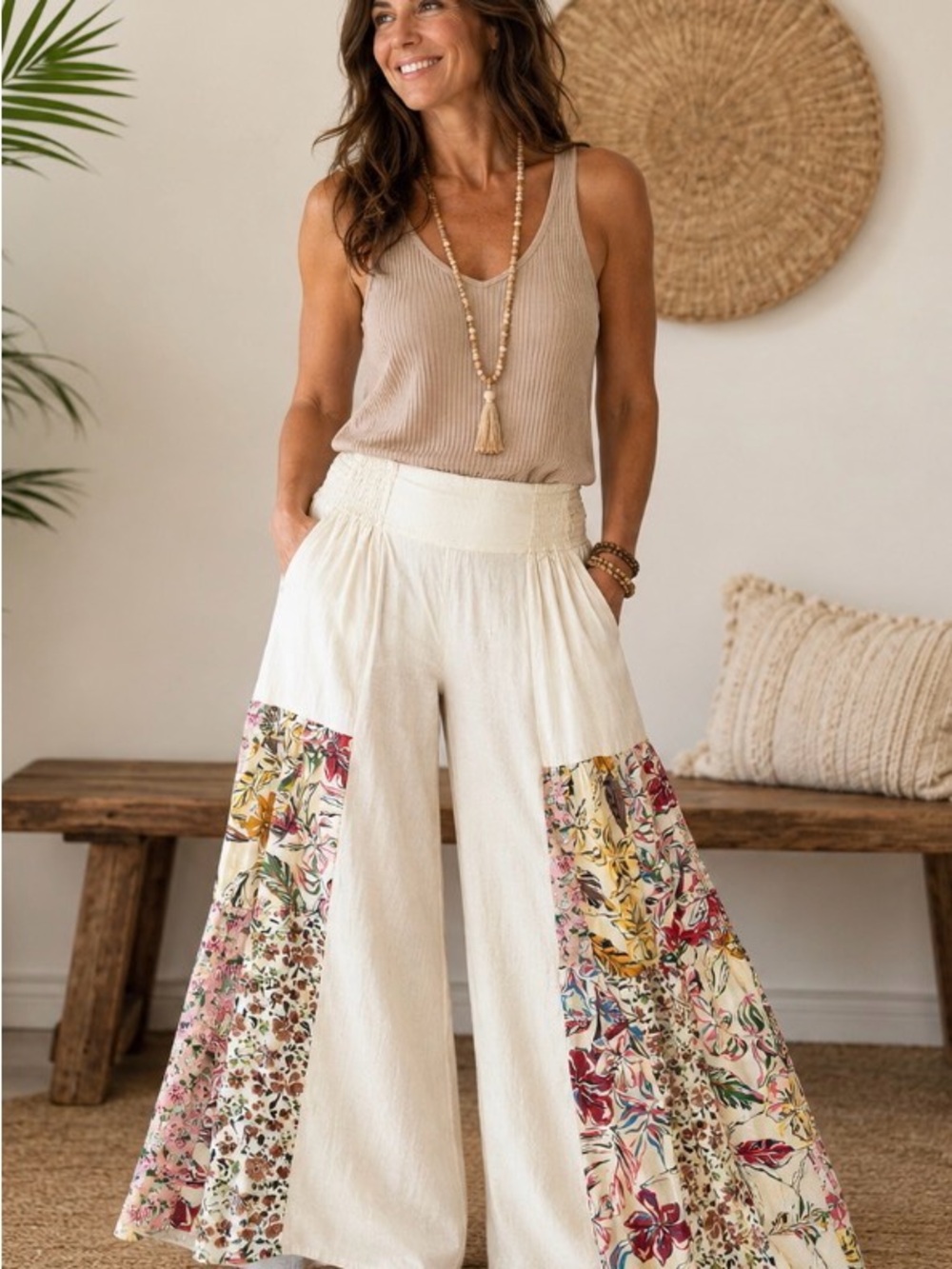 NWT Young Threads L Boho Wide-Leg Patchwork Palazzo Pants - Cream